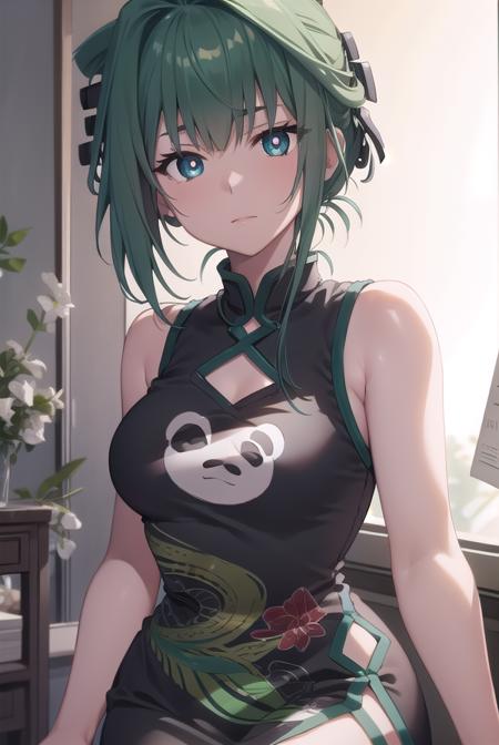 juntao, <lora:juntao-lora-nochekaiser:1>,
jun tao, (green eyes:1.5), green hair, hair between eyes,
BREAK animal print, bear print, black dress, china dress, chinese clothes, dress, air, hip vent, panda print, side slit, sleeveless, sleeveless dress, thigh strap,
BREAK looking at viewer, full body,
BREAK indoors, classroom,
BREAK <lyco:GoodHands-beta2:1>, (masterpiece:1.2), best quality, high resolution, unity 8k wallpaper, (illustration:0.8), (beautiful detailed eyes:1.6), extremely detailed face, perfect lighting, extremely detailed CG, (perfect hands, perfect anatomy),