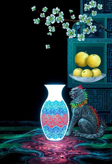 JNANX,luminous white silhouette,cyan glow,emerald highlights,flickering outline,dreamlike movement,rippling colors,drifting embers,infinite black background,psychedelic colors,ethereal,futuristic surrealism,gw,glowing,night,night sky,trippy,
 Generate a digital painting of a still life scene inspired by Korean folk art. The central focus should be a tall vase with a complex geometric pattern in blue and red, resting on a surface with green and black stripes. Next to the vase, show a seated mythical dog or lion-like creature with a grey coat, a colorful mane (red, green, and possibly other colors), and a fierce expression. Above and slightly behind the vase, present a shallow, round dish filled with three textured, pale yellow or white citrus fruits. A branch of a flowering tree, bearing light-colored blossoms, should enter the frame from the upper left. The background should consist of stylized shelves or architectural details with various patterns, including stripes, grids, and meanders, in a palette of blues, reds, greens, and black. The overall style should evoke the decorative and symbolic nature of Chaekgeori paintings.
