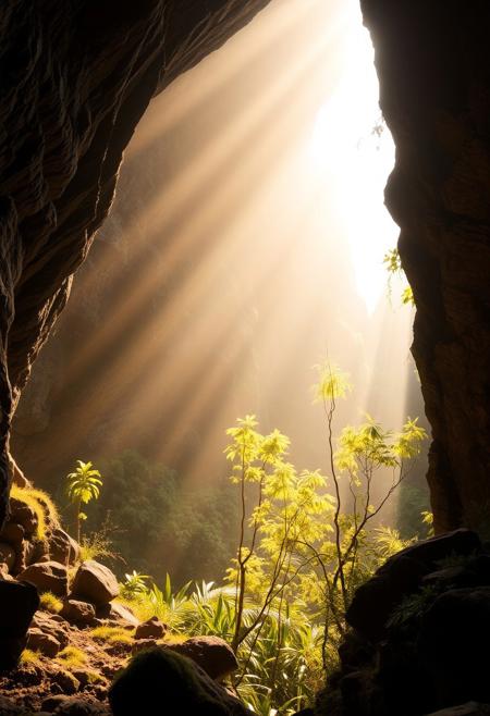 A majestic shot: A sweeping camera pan across the ancient cavern's entrance, where warm sunlight pours in, casting dappled shadows on the lush greenery below. The frame is filled with a tapestry of textures - rough boulders, mossy rocks, and slender trees stretching toward the light. In the distance, misty veils dance, imbuing the scene with an ethereal quality. As the eye travels up the cavern walls, the texture of centuries' worth of history seems to whisper secrets.