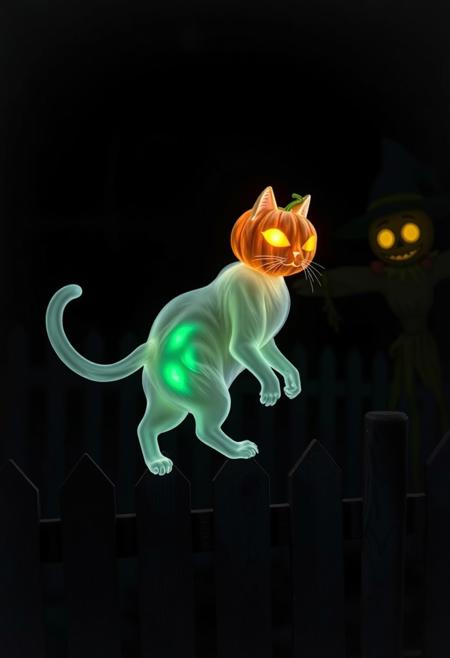 Transparent ghost cat walking on top of fence, with pumpkin instead of head, green light on the tail, scarecrow with glowing eyes in the background, gloomy atmosphere, night,