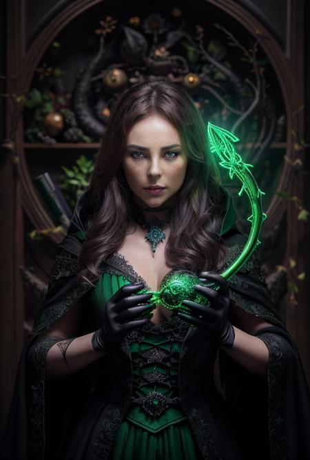 paolla, focus on face, face close, portrait,  venomous sorcerer,ominous dark robes,glowing green eyes,holding a staff with a serpent design,mystical green flames,poisonous mist swirling,ancient spellbooks,dark stone castle interior,detailed arcane symbols,menacing expression,powerful stance,black and green magical aura,creeping vines with thorns,glowing potions on shelves,dark leather gloves with intricate patterns,ominous full moon visible through window,tattered cloak,deep shadows,emerald gemstone on staff,(best quality,4k,8k,highres,masterpiece:1.2),ultra-detailed,(realistic,photorealistic,photo-realistic:1.37),HDR,UHD,studio lighting,sharp focus,physically-based rendering,extreme detail description,professional,vivid colors,bokeh, <lora:paolla_v2:1>