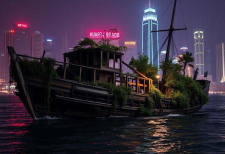 A shipwreck with only the bare frame left, filled with growing trees and vegetation. The background shows a cityscape with bright and colorful urban lights in sharp contrast to the overgrown and abandoned ship. The scene is hyper-realistic, capturing every detail of the ship's skeleton and the vibrant plant life, set against the glowing city skyline.