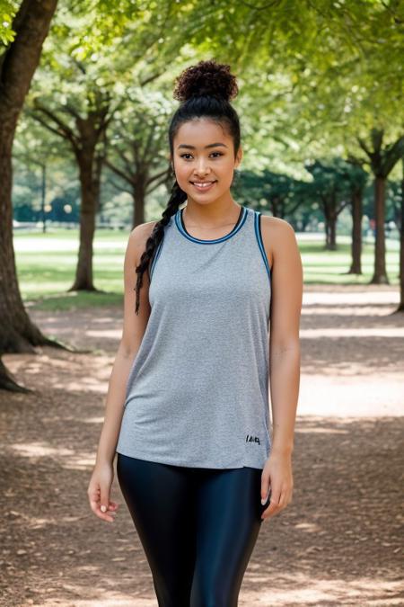 RAW photo of mackjo, portrait, Sleeveless tunic and leggings for a yoga session in the park, (high detailed skin:1.2), 8k uhd, dslr, soft lighting, high quality, film grain, Fujifilm XT3 , <lora:mackjo:1>