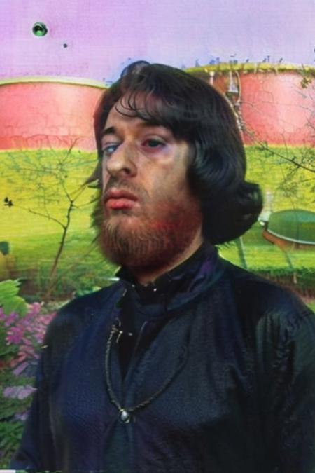 Weirdcore close-up of <ffurian> male character with beard, standing in  pink hills plants, 90VHS, (<ffurian> close-up, in black clothing 1.3),  ffurian looking at viewer (y2k aesthetic 0.8), ms paint style <lora:ms-paint-lora:1> (sunny weather 1.2), the matrix movie, <lora:y2kaesthetic:0.7>, 3d render, lush, bloom, neon, half0ster