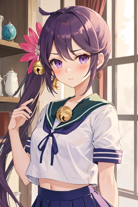 best quality, masterpiece, highres, solo, {akebono_kantaicollection:1.15}, purple_hair, long_hair, hair_ornament, side_ponytail, purple_eyes, flower, hair_flower, hair_bell, bell, jingle_bell, serafuku, blush, very_long_hair