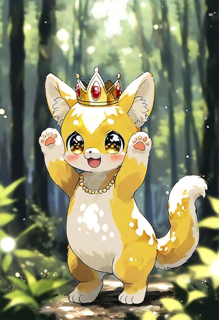 (((detailed eyes, detailed face))), (cute feral, quadruped, King is a French bulldog with a pink head and body, yellow inner ears and a white muzzle. His Jewel Eyes are made out of gray/black onyxes. For his attire, he wears a big golden crown on his head and a gold pearl necklace with a a black club-shaped onyx jewel attached around his neck. no human), standing, arms up, smile, (konzaburou, ukan_muri), forest, light environment, soft shading, 8k, UHD, masterpiece, tail,