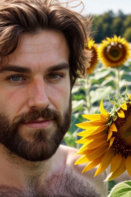 A close-up photo of a handsome hairy chested fit austrian man, sunflowers, looking the viewer