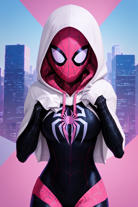 <lora:Spiderverse:0.8> Spiderverse Style, 1girl, bodysuit, city, hood, hood up, hooded bodysuit, looking at viewer, mask, portrait, silk, solo, spider web, spider web print, superhero, white and pink theme, spidergwen