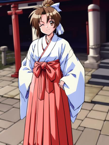 <lora:Kudanshita_Maeka:1>,kudanshitamaeka, 1girl, solo, miko, japanese clothes, shrine, hakama, hakama skirt, red hakama, brown hair, one eye closed, skirt, long sleeves, brown eyes, shimenawa, rope, ponytail,
masterpiece, high quality, very_high_resolution, large_filesize, full color,