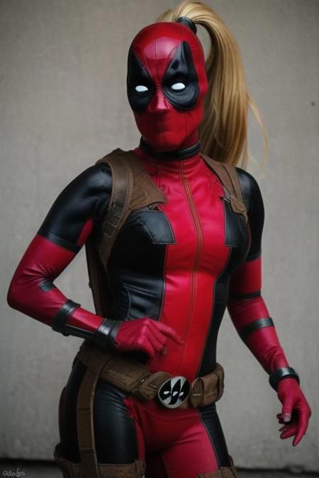LadyPool, red mask, covered face, superhero, bodysuit, red leotard, belt, gun, hood, long hair, ponytail