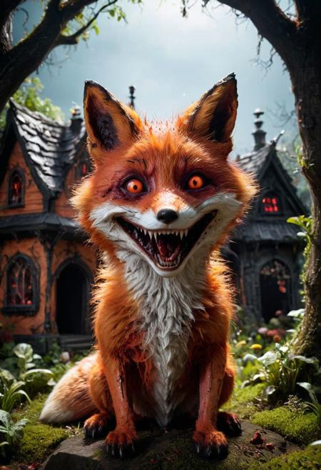 amazing quality, masterpiece, best quality, hyper detailed, ultra detailed, UHD, perfect anatomy, dof, portrait,  awesome, inspiring,  Expressiveh, realistic, high quality, 4K, absurd resolution, incredibly detailed, masterpiece, sharp, cute orange fox house garden, (creepy fox, skin bloody skin, dark fur, red eyes, evil smile:1.8), cute, happy, extremely detailed, no humans, extremely detailed scales, sunlight, realistic, high quality, detailed, shadows, glowing, bright colors, high contrast, vivd lighting, cinematic composition, soft shadows, national geographic style,