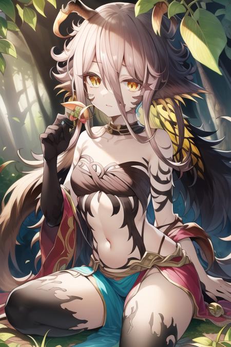 <lora:traptrixholeutea:0.9>traptrixholeutea,long hair,(stockings:0.6),wings,sleeveless,navel, sitting,solo, single glove,1girl,forest  background,  full body,masterpiece,solo,beautiful detailed eyes,finely detail,detailed face,vivid color,5 fingers,finely detailed,hyper detailed,detailed hand,8k,finely detailed beautiful eyes,high resolution illustration,best quality,