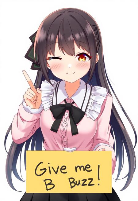 score_4,score_5,score_6,score_7_up,score_8_up,score_9 ((masterpiece,best quality,ultra detailed,highres,HD,4k:1.2)), 
1 girl,solo,face focus,
fuyuko mayuzumi, black hair, brown eyes, long hair, two side up,
black bow, black bowtie, black ribbon, black skirt, bow, bowtie, frilled shirt, frills, jirai kei, long sleeves, neck ribbon, pink shirt, ribbon, shirt, skirt, white shirt,
(("Give me Buzz.",Beggars Borad,Holding a sign, holding a sign that says, "Give me Buzz."))
wink,happy,blush, looking at viewer, smile,