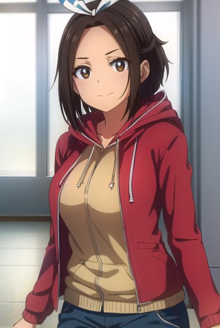 hikarihazakura, <lora:hikari hazakura s1-lora-nochekaiser:1>,
hikari hazakura, black hair, (brown eyes:1.3), hair ribbon, dark skin, dark-skinned female, smile,
BREAK jacket, pants, hood, hoodie, (red jacket:1.3),
BREAK indoors, classroom,
BREAK looking at viewer, (cowboy shot:1.5),
BREAK <lyco:GoodHands-beta2:1>, (masterpiece:1.2), best quality, high resolution, unity 8k wallpaper, (illustration:0.8), (beautiful detailed eyes:1.6), extremely detailed face, perfect lighting, extremely detailed CG, (perfect hands, perfect anatomy),