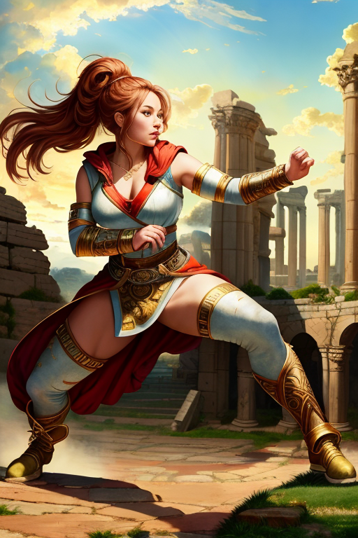 warrior woman thin athletic (robes pants boots:1.1) (fighting:1.1) stance arena ancient ruins beautiful cloudy sky
(master...
