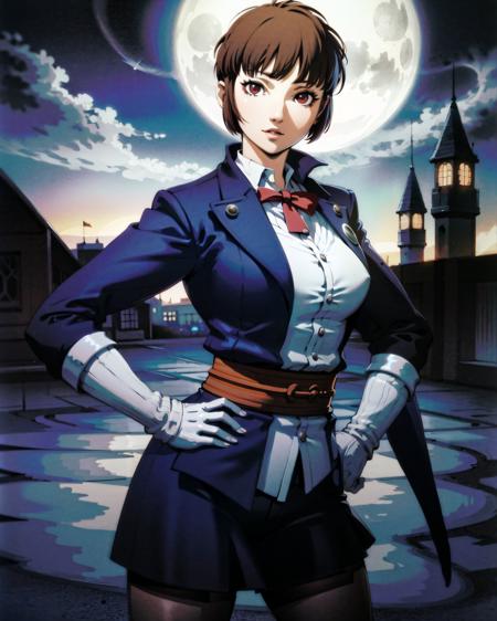 (castle, moonlight, gorgeous view)
(cowboy shot), sfw,  (masterpiece), (best quality:1.0), (ultra highres:1.0), detailed eyes, detailed clothing texture, beautiful face, 1girl, solo, Isabeau posing, hand on hip, samurai uniform
(blue coat with white trim), skirt, (gauntlet), brownish red eyes
soejima shigenori
<lora:Isabeau_SMT4:0.4> <lora:personaCatherine soejima shigenori:0.6>