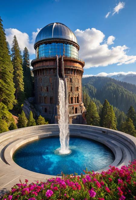 (masterpiece:1.5), (score_9, auto1111), extreme quality, reflections, surface reflections, ((no humans, no people)), a spectrum of iridescent colors, precise, fractal design, flowing curves, precision, striking visuals, sharp focus, detailed background, light reflections, architecture of boundless opportunities, (an enormous titanium observatory sitting on top of an enormous Stone basin), a beautiful enormous titanium observatory sitting on top of an enormous Stone basin at the rim of a enormous redwood forest, mountains in the background, enormous redwood trees, (a flowing stream with a waterfall), realistic, photorealistic, blue sky, fluffy clouds, flowing water, fluid architecture, multicolored flowers, luminescent water, sharp background details, detailed enormous titanium observatory, polished titanium, polished Stone, fluffy clouds, mist, ground fog, detailed landscape, landscaping of boundless opportunities, dynamic shaders, vibrant colors, (close-up view), ground fog,