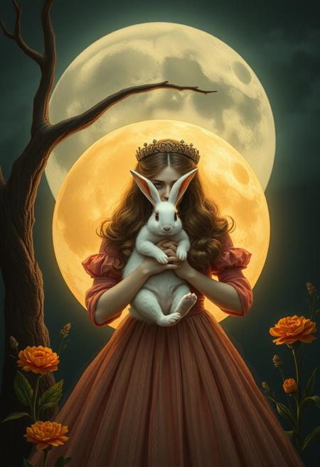 Inside a big moon, a classic beauty holds a white rabbit