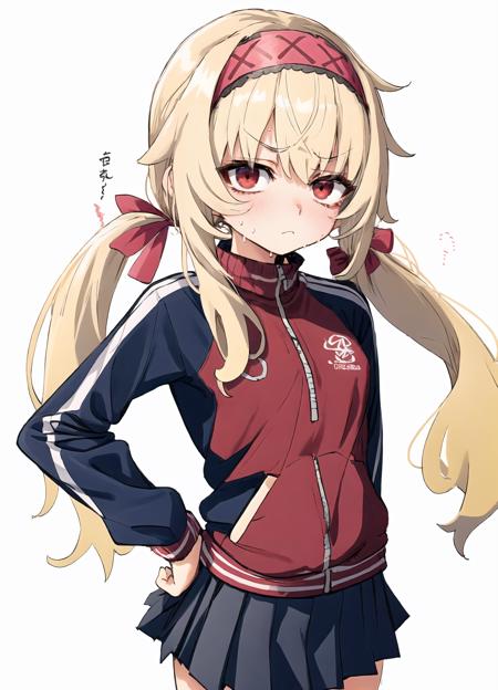 best quality, absurdres, 1girl, solo, long hair, blonde hair, thighs, hairband, red eyes, bags under eye, slight frown, tired, track jacket, nose blush, simple background, hand on hip, white background, looking at viewer, long sleeves, pleated skirt, sweat, hand up, upper body, (twintails:1.4)
<lora:NobetaV2:0.7>   <lora:bags under eyes:0.7> <lora:add_detail:0.4>   <lora:st_dorontabi_unet-1e-3_te-1e-4_dim-8_alpha-8:1>