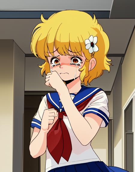 high res, c-ko, 1girl, cute, blonde hair, short hair, flower, upper body, happy, school uniform, blue collar, skirt, short sleeves, indoors at school,sad, tears, crying, big mouth open, clenched fist <lora:Project_A-Ko-000012:1>