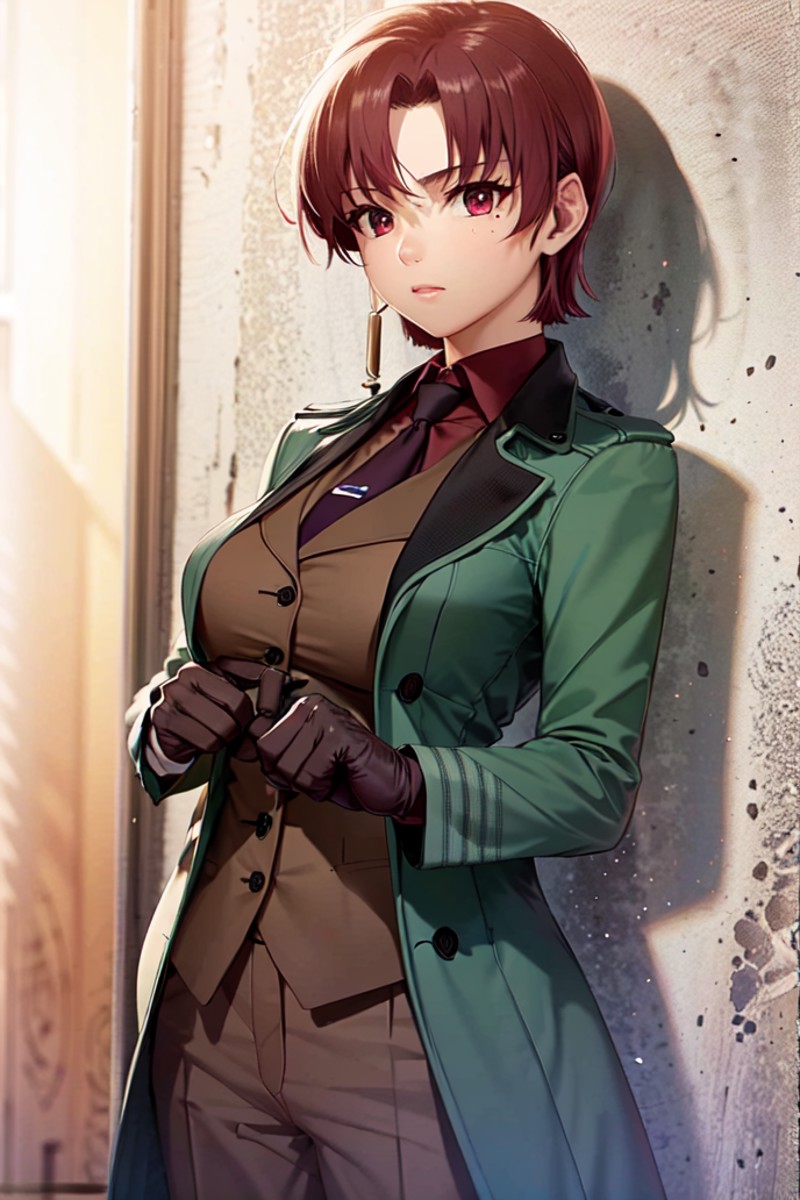(masterpiece, best quality:1.2), bazett, fgo, 1girl, solo, (case on back:1.1), short hair, red hair, bangs, red eyes, mole...