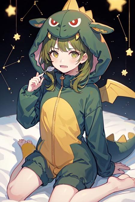 gaogaonichika, 1girl, solo, hood, bangs, green hair, fangs, animal costume, tail, wings,
arm support, blush, closed mouth, hand up, looking at viewer, sitting, solo, wariza, constellation, feet out of frame, parfait, spoon, star (symbol), tray
<lora:nichika-gao-v1.1b:0.9>