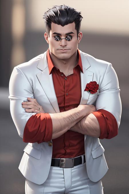 (masterpiece, best quality:1.2), solo, male focus, 1boy, hthelltaker, arm hair, closed mouth, looking at viewer, crossed arms, sunglasses, white jacket, red shirt, collared shirt, sleeves rolled up, white pants <lora:helltaker_helltaker:1.0>