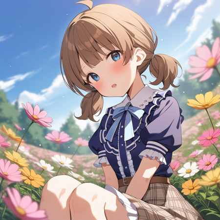 1girl, suou momoko, priv-dress, 1girl, short hair, cosmos \(flower\), flower field, dutch angle, twintails, ahoge, blue sky, puffy short sleeves, blue bow, day, cloudy sky, frilled shirt, blue shirt, neck ribbon, blush, blurry background, blue ribbon, depth of field, blue eyes, brown skirt, plaid skirt, low twintails, sitting, tree, brown belt, short sleeves, short twintails, between legs, head tilt, sky, collared shirt, field, belt, yellow flower, pink flower, blurry foreground, open mouth, puffy sleeves, eyebrows visible through hair, frills, looking at viewer, brown hair, frilled shirt collar, blue blouse, cloud, light particles, purple shirt, hand between legs, medium hair, blue neckwear, outdoors, frilled skirt, center frills, masterpiece, best quality <lora:suou_momoko_sdxl_v1:0.7>