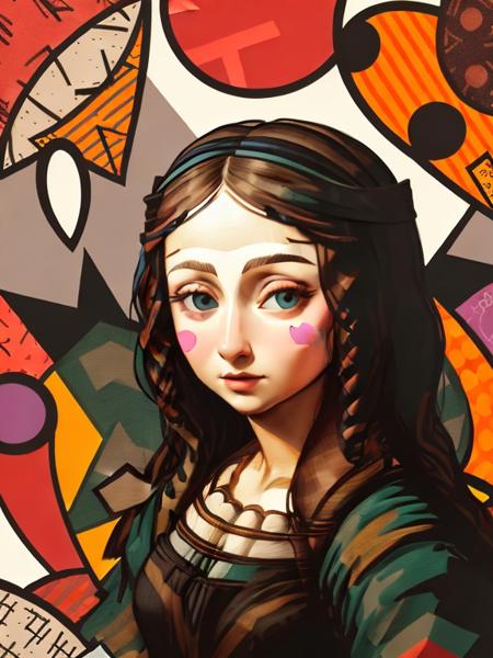 artwork of (stylized recreation of the Mona Lisa), geometric shapes, circle, heart, polka dot, vector art, abstract background, patterns, shapes, stripes, heart, circle, (flat colors), (solid colors), (pixel perfect, vibrant, sharp focus, deep shadows, vector graphics, 8K, highres, high resolution, detailed and intricate), symmetrical eyes