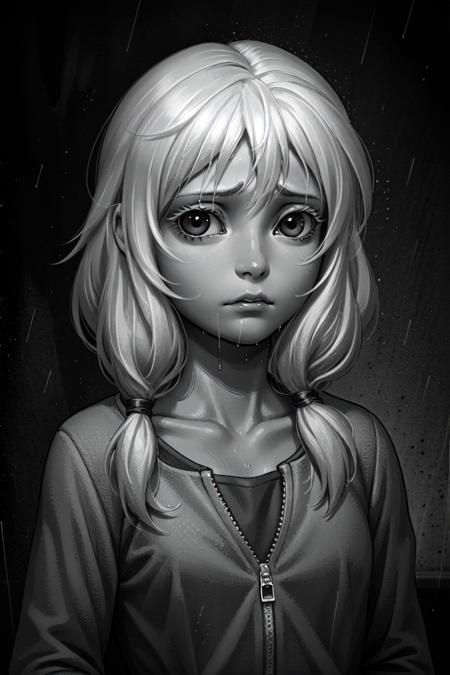 olya, 1girl, solo, long hair, looking at viewer,  twintails, monochrome, upper body, greyscale,  low twintails,  <lora:olya:0.5>
sad, rain, depressive, by rutkowski, by Android Jones, [by Ismail Inceoglu :: 0.3], detailed