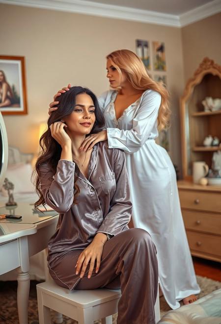 beautiful woman sitting in pajamas at a vanity table in her bedroom, grooming her hair before bed, behind her, leaning forward, a gorgeous blonde woman wearing a nightgown with arms circling lovingly around the sitter' neck, kissing her ear