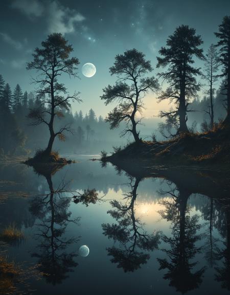 A serene and mysterious moonlit lake, reflecting the enchanting silhouettes of trees, with a mystical, ethereal atmosphere, rendered in a realistic style, with 8K sharp focus, using the artistic techniques of Andreas Achenbach.
