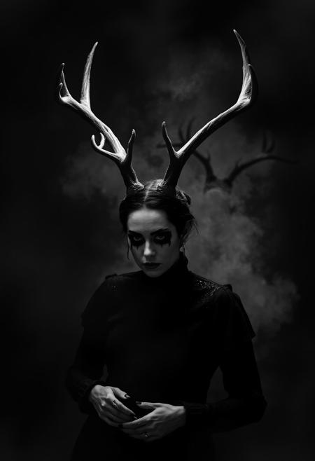 Anna Varney Cantodea with deer antlers, Sopor Aeternus and the Ensemble of Shadows, studio photography style, top hard light, black and white vintage photography, gothic, doom, mysterious, dark environment, dust, ashes