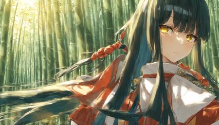 1girl, looking at viewer, black hair, yellow eyes, bamboo forest, nontraditional miko, miko, hime cut, upper body, mature female, masterpiece, best quality,