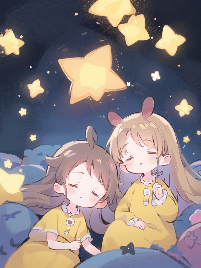 Two young girls sleep peacefully under the stars.