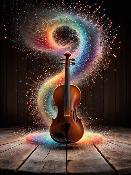 A classical violin resting on an antique wooden table, with ais-particlez swirling around it in a symphony of colors. <lora:Particles_Style_SDXL:1>