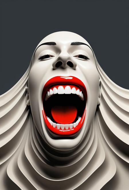 The image is a photograph of an unusual, surreal artwork featuring a stylized face with an exaggerated open mouth filled with large, stark white teeth. The face is rendered in a bold, comic strip style with bright, vivid colors, primarily featuring red lips, white teeth, and a dark background. The mouth opens wide, showing the teeth, giving the impression of shouting or screaming.
This image is a digital artwork with a minimalist and stylized depiction of a mountain, designed in a geometric and abstract manner. The mountain silhouette forms the central focus. The mountain, labeled "MOUNTAIN" in small, bold white letters near the top, is rendered in dark grey, with its peak pointing towards the top center of the image.
This is a digital artwork created using a technique called wave distortion, which involves using wavy patterns to create the illusion of depth or texture on an otherwise flat surface. The image depicts a person's face, specifically a head and shoulders, with a soft, flowing texture reminiscent of ripples in water or fabric. The background is a plain, light beige color, which helps focus the viewer's attention on the distorted face.