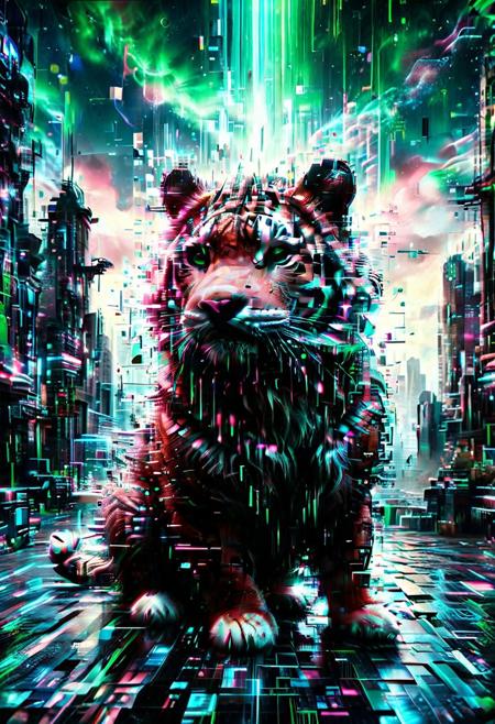 Highly detailed Dynamic shot of texture fur  adorable pink and blue baby tiger, extremely detailed fur  <lora:SDXLFaeTastic2400:0.8> High quality texture, intricate details, detailed texture, High quality shadow, Cinematic Light, Depth of field, light source contrast, cosmic jungle background filled with clouds, whimsical fantasy , glowing green Matrix code powers, powers swirls from hands, futuristic background, code raining from the sky, buildings flicker with data, Olaf friendly, glitchy hologram, pixelated, Cinematic lighting, dramatic pose, cyberpunk atmosphere.
score_9, score_8_up, score_8_up, masterpiece,super detailed face, super high resolution, FaceDetail, masterpiece-level, highly detailed, intricate details, detailed background, complex background, cinematic, intricately detailed illustration, depth of field, masterpiece, best quality, amazing quality, very aesthetic, absurdres, newest, very awa, shadow,