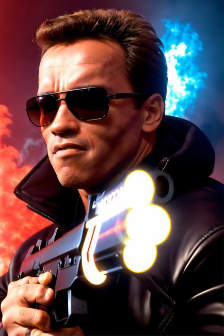 image of arnie_term, wearing black coat, sunglasses, holding gun, "dark dancehall background with red laser beams, neon lights and smoke", zoomed out <lora:Delorean-Arnie>