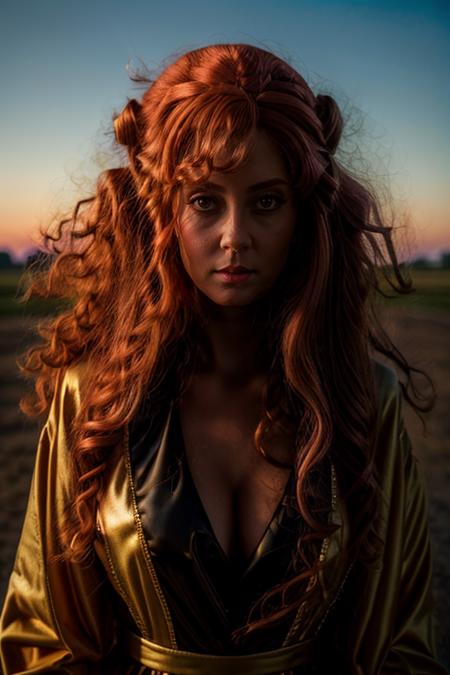 doll costume ,  airfield , dusk  <lora:Susan_Sarandon:1> masterpiece, best quality, detailed face, solo, a woman, mature s1873s, red hair, long_hair, looking_at_viewer