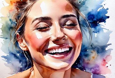watercolor painting, closeup of a face of a happy woman having the ultimate climatic experience; happy relief