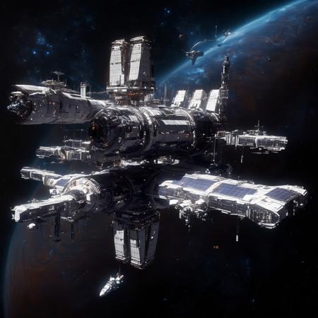 Design a breathtaking scene set in the vastness of space, where a futuristic spaceship is gracefully docking with a massive space station. Imagine this spacecraft as a marvel of human engineering, with sleek lines, glowing accents, and an array of advanced technologies on display. The space station, a towering structure with intricate details and multiple docking ports, serves as a bustling hub of interstellar activity.

As the spaceship aligns perfectly with the docking bay, highlight the intricate dance of mechanical arms and magnetic locks securing the two structures together. Add a dramatic touch with a vibrant nebula glowing in the background, its vivid colors contrasting the dark void of space. Enhance the sense of depth and movement with stars streaking across the scene, creating a captivating starfield.

Include subtle lighting effects to showcase the reflective surfaces of the spaceship and space station, emphasizing their metallic sheen. Perhaps add a few smaller vessels or spacewalkers nearby, providing a sense of scale and additional visual interest. The overall composition should evoke a sense of wonder, showcasing the beauty and excitement of space exploration and the potential of human ingenuity in the future.
