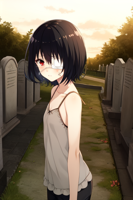 misakimei, eyepatch, 1girl, solo, graveyard, sad, tears