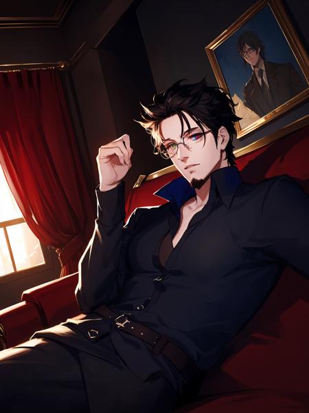 masterpiece,best quality,highres,cinematic lighting,dramatic angle,<lora:ShadowverseBelphomet:0.8>,1man,black hair,glasses, heterochromia,blue eyes,red eyes,mask,one eye covered,white shirt,sitting on sofa,tired,looking at viewer,matured