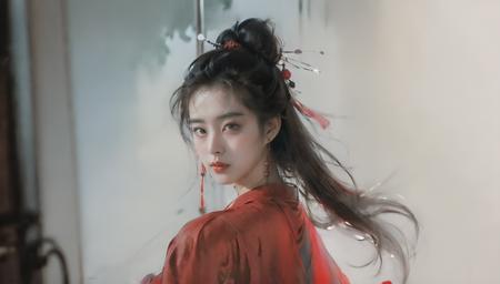 <lora:niexiaoqian-v2-000008:0.8>,A Chinese Ghost Story,
(wangzuxian:1.1),(niexiaoqian:1.2),qiannvyouhun,1girl,solo,black hair,long hair,chignon,mole,realistic,robe,jewelry,lips,earrings,hair bun,chinese clothes,hanfu,the protagonist is on the right side of the screen,lens_flare,looking_up,<lora:Freehand_Brushwork:0.4>,beautiful detailed eyes,Ancient Chinese clothes,
Ancient background,Calligraphy background,very long hair,(sheer curtain:1.3),gauze curtain,strap lift,tears,eyes visible through hair,wallpaper,huge filesize,<lora:chinese-art:0.3>,chinese painting,chinese art,upper_body,bust,medium_shot,
niexiaoqian,(red robe:1.5),long hair,fairy,realistic,chinese clothes,hanfu,hair bun,, best quality , masterpiece, illustration, an extremely delicate and beautiful, extremely detailed ,CG,unity,8k wallpaper, Amazing, finely detail, masterpiece, best quality,official art,extremely detailed CG unity 8k wallpaper,absurdres, incredibly absurdres, huge filesize , ultra-detailed, highres, extremely detailed,beautiful detailed girl, extremely detailed eyes and face, beautiful detailed eyes,light on face,