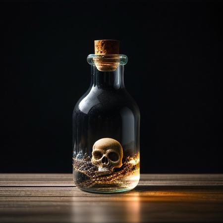 RAW photo, 8k uhd, dslr, soft lighting, high quality, film grain, Fujifilm XT3, Masterpiece, photorealistic, blue fiery skull, trapped in a bottle, on table, pitch black room, light from wisp