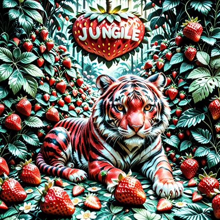 lazypos, vivid colors, strawberry,
red striped tiger made of strawberries, strawberry themed jungle background, red theme.