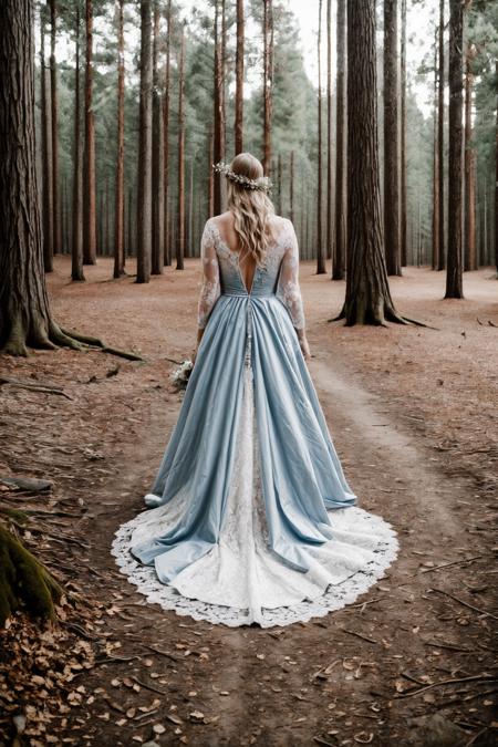 breathtaking, nature, 8k,((pine forest)),lose leaves,streams,representational,Focusing. <lora:add_detail:0.7>,1girl, fashion editorial,Victorian age white blue gold Lace newlyweds,depth of field