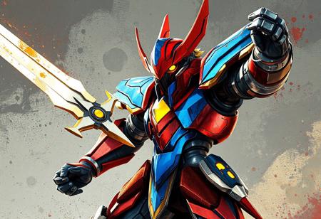 Mirror Swordknight robot, red & blue armor, yellow eyes, shouting, dynamic action pose, Realm of Danger! background, splash ink illustration, Unreal Engine 5 pro, Artstation trending, CGSociety, golden ratio, Octane render, high-res, 4k, exceptional quality, lifelike details, handcrafted, stunning colors, contemporary aesthetics, matte painting, creative angle, isometric view.