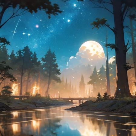 tsukimi, golden theme, moon, tree, scenery, night, full moon, sky, no humans, outdoors, star (sky), cloud, night sky, reflection, water, starry sky, nature, fireflies <lora:tsukimi-000007:1>